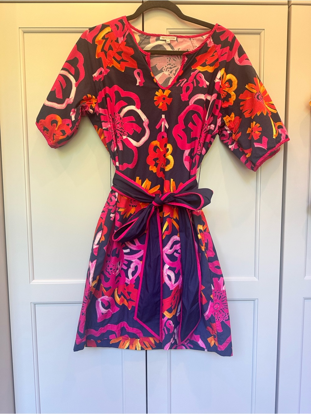 Frances Valentine Floral Tie-Waist Mini Dress in Magenta, Navy and Orange